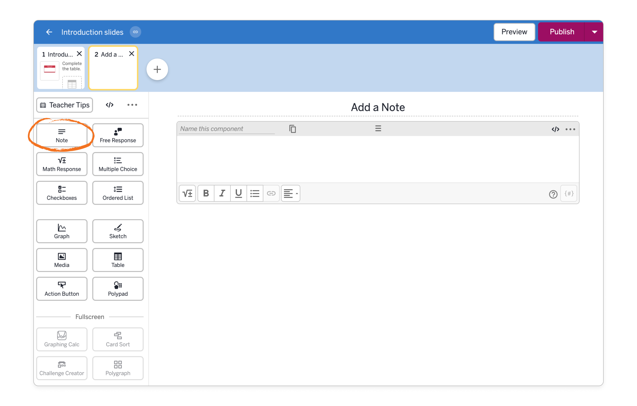 Amplify Classroom: Note component