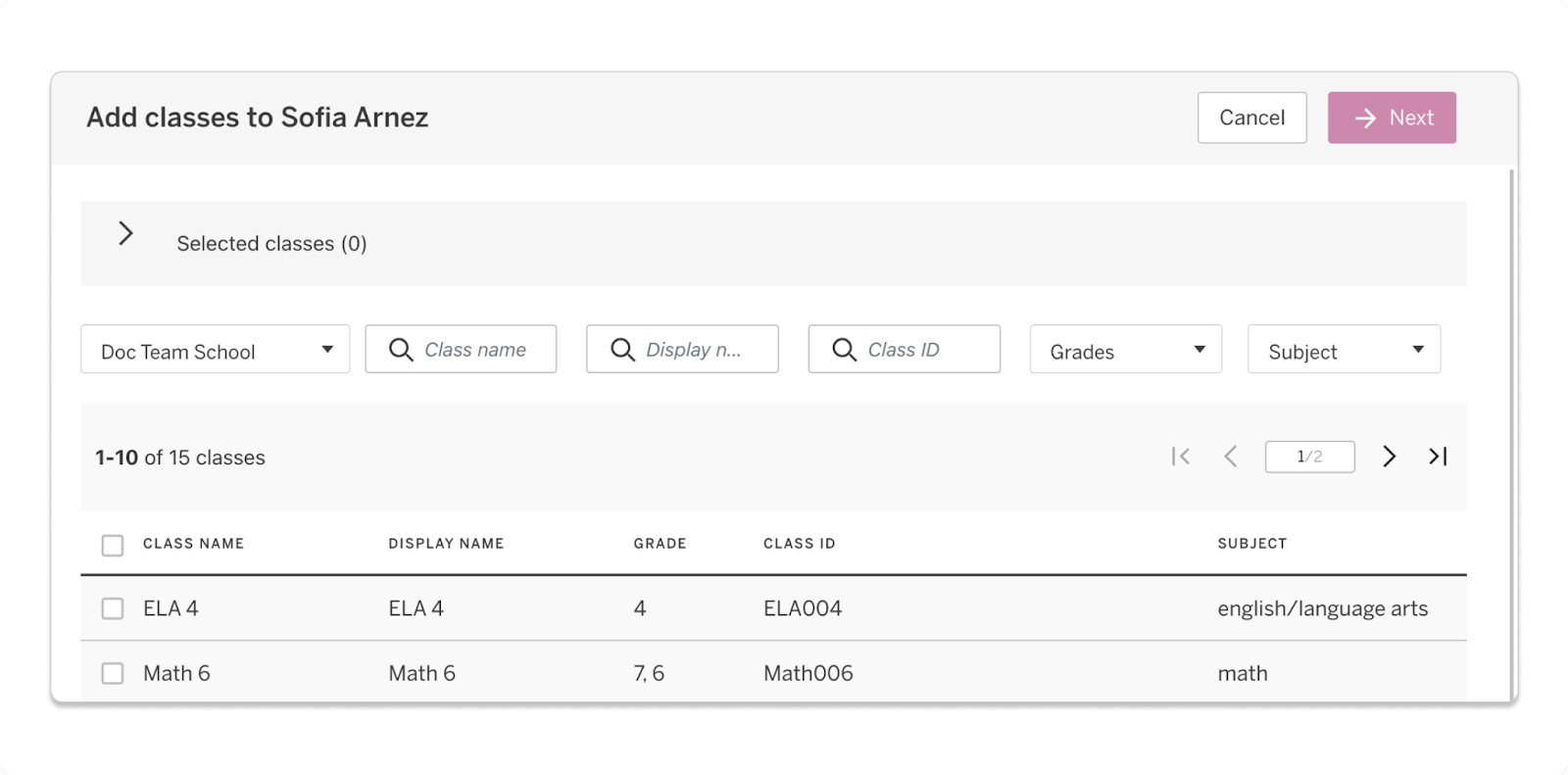 Class Names Displayed LDOE Admin Portal: Student Profile