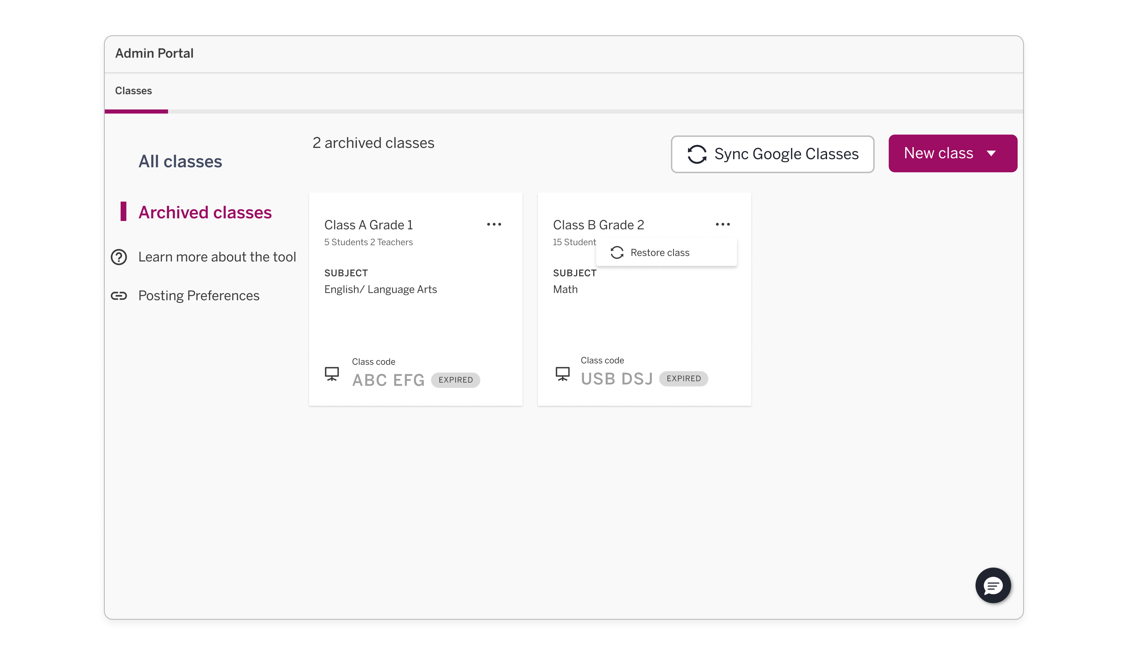 Manage Classes: Teacher-rostered Amplify classes