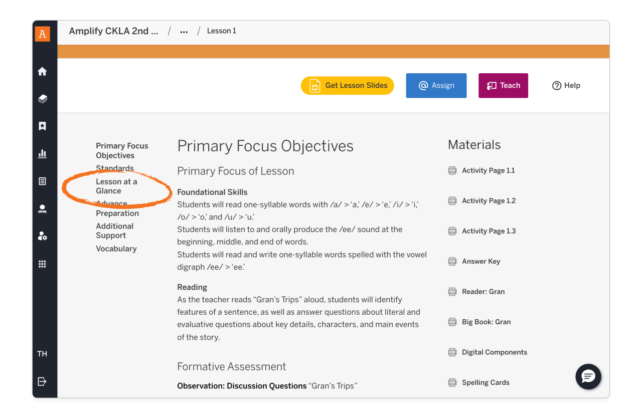 Amplify CKLA digital experience: Lesson at a glance and preview modal