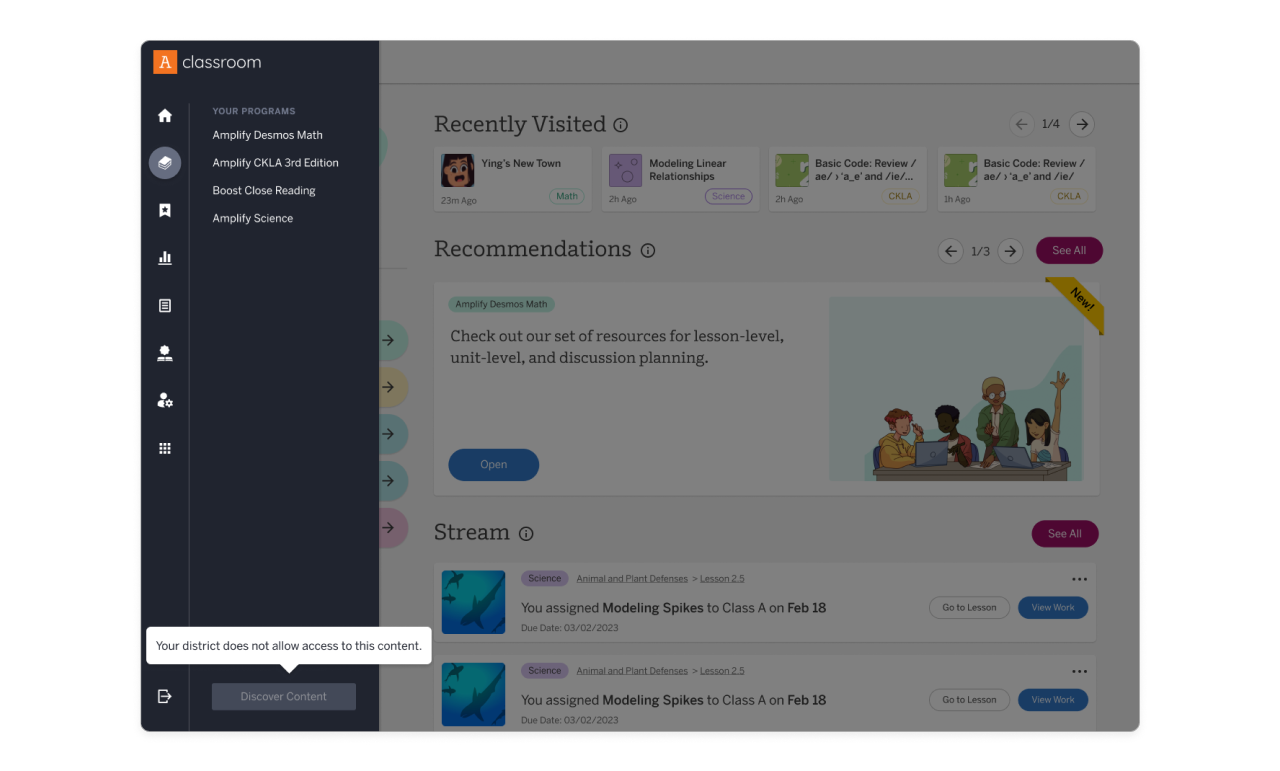 Amplify Classroom: Why can't I access the Discover page?