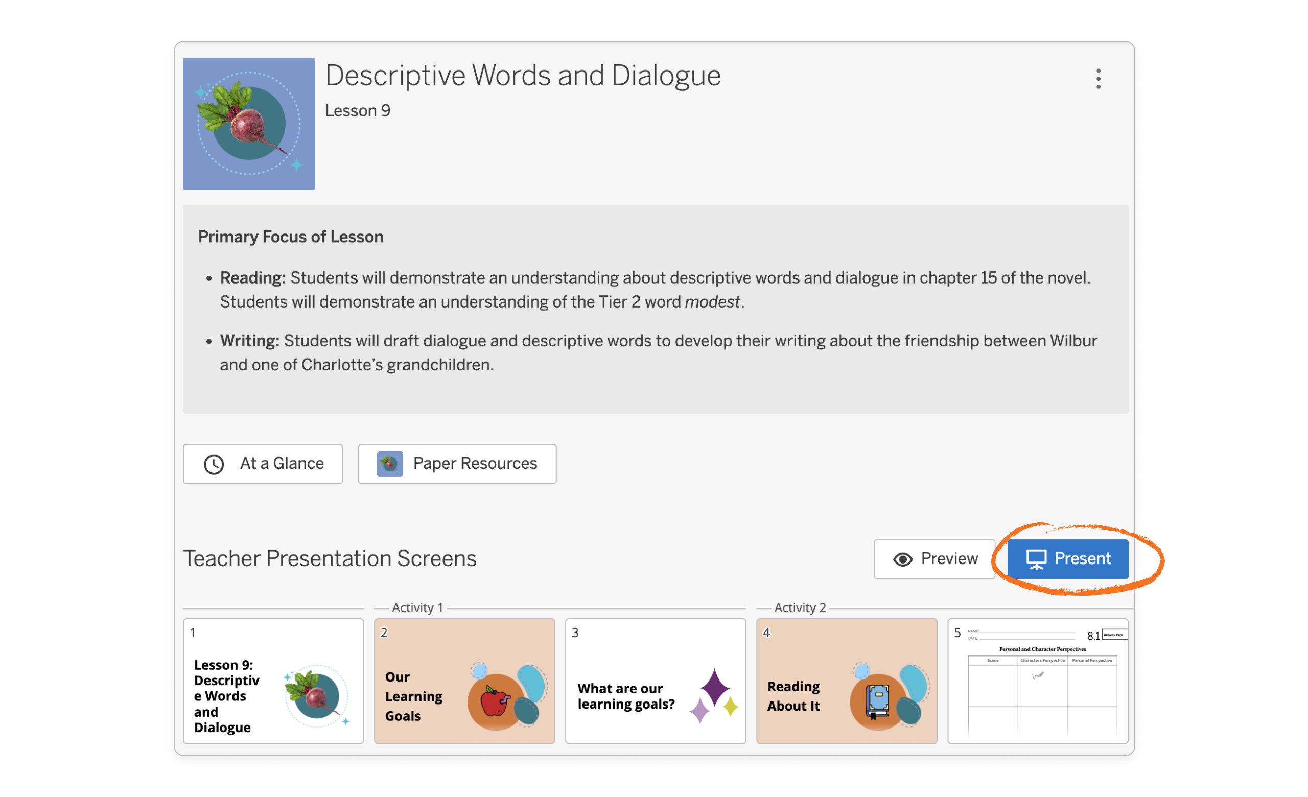 Lesson Complete Screen Amplify Classroom Literacy: Presentation screens