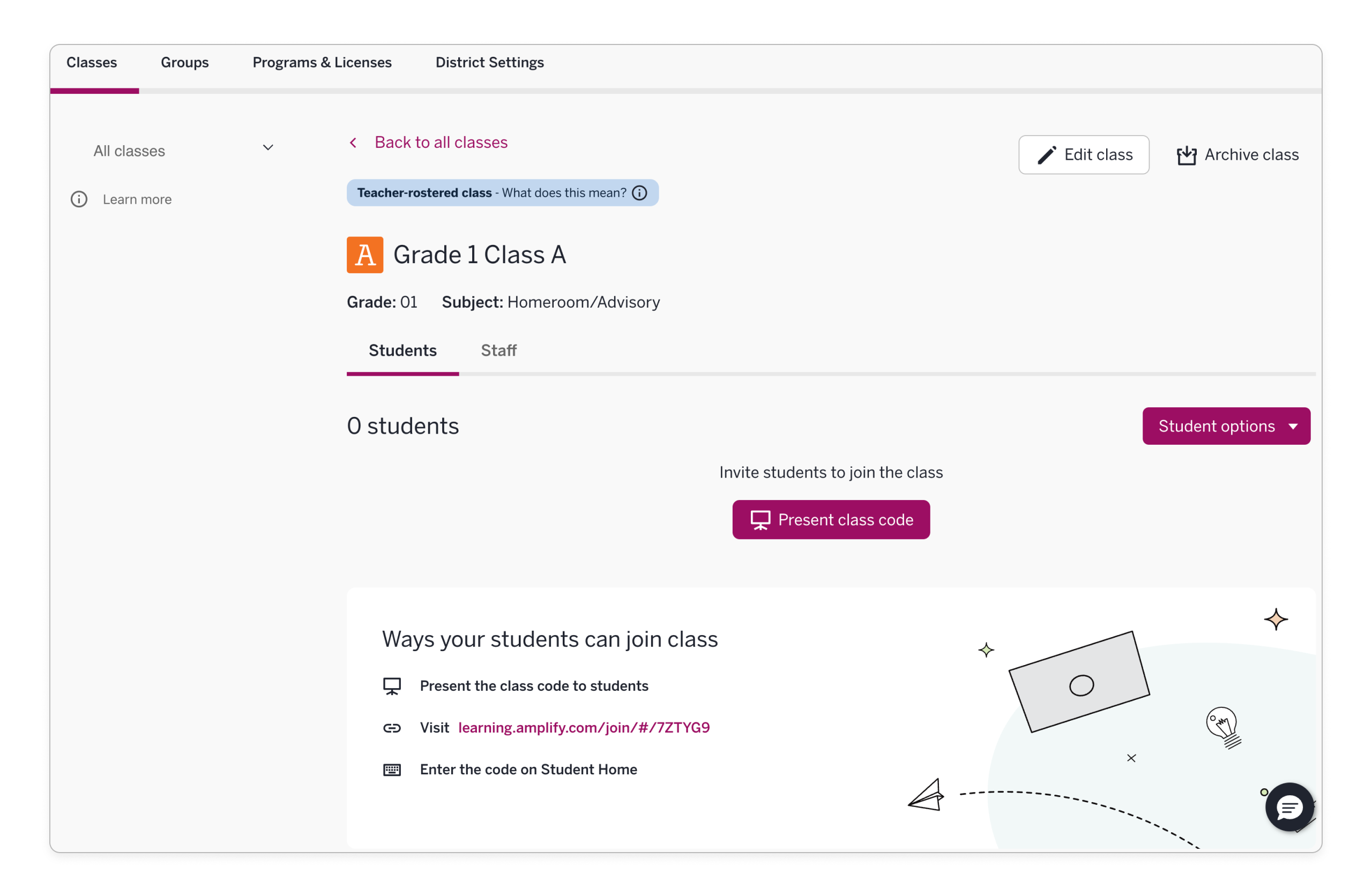 Manage Classes: Teacher-rostered Amplify classes